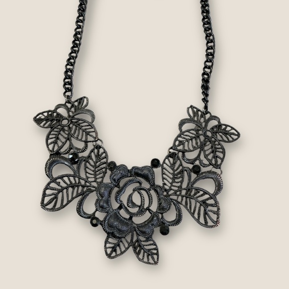Black Panel Floral and Rhinestone Necklace - Picture 1 of 3